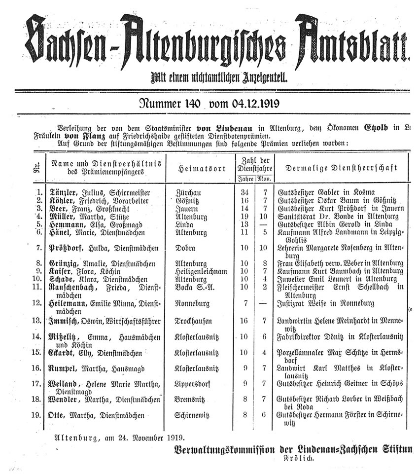 04.02.1919 Aus Klosterlausnitz wurden Emma Mißelitz (Hausmädchen und Köching bei Direktor Dönitz HESCHO) und Elly Eckardt (Dienstmädchen beim Porzellanmaler Schütze Hermsdorf) mit einer Dienstbotenprämie ausgezeichnet. 